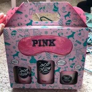 pink lotion, body wash, sleep mask, eye mask set